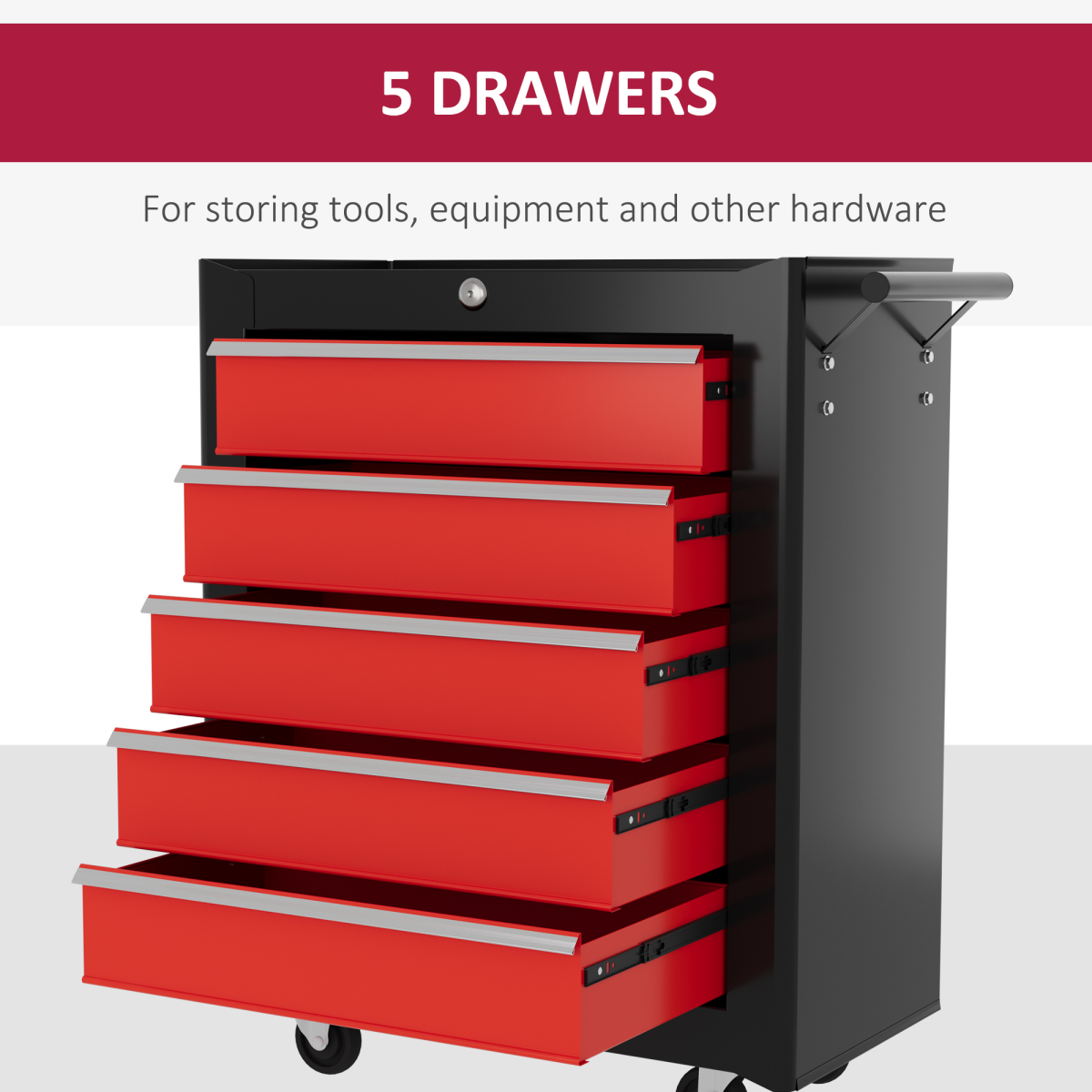 HOMCOM 5-Drawer Tool Chest Steel Lockable Tool Storage Cabinet w/ Wheels Red HOMCOM
