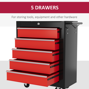HOMCOM 5-Drawer Tool Chest Steel Lockable Tool Storage Cabinet w/ Wheels Red HOMCOM