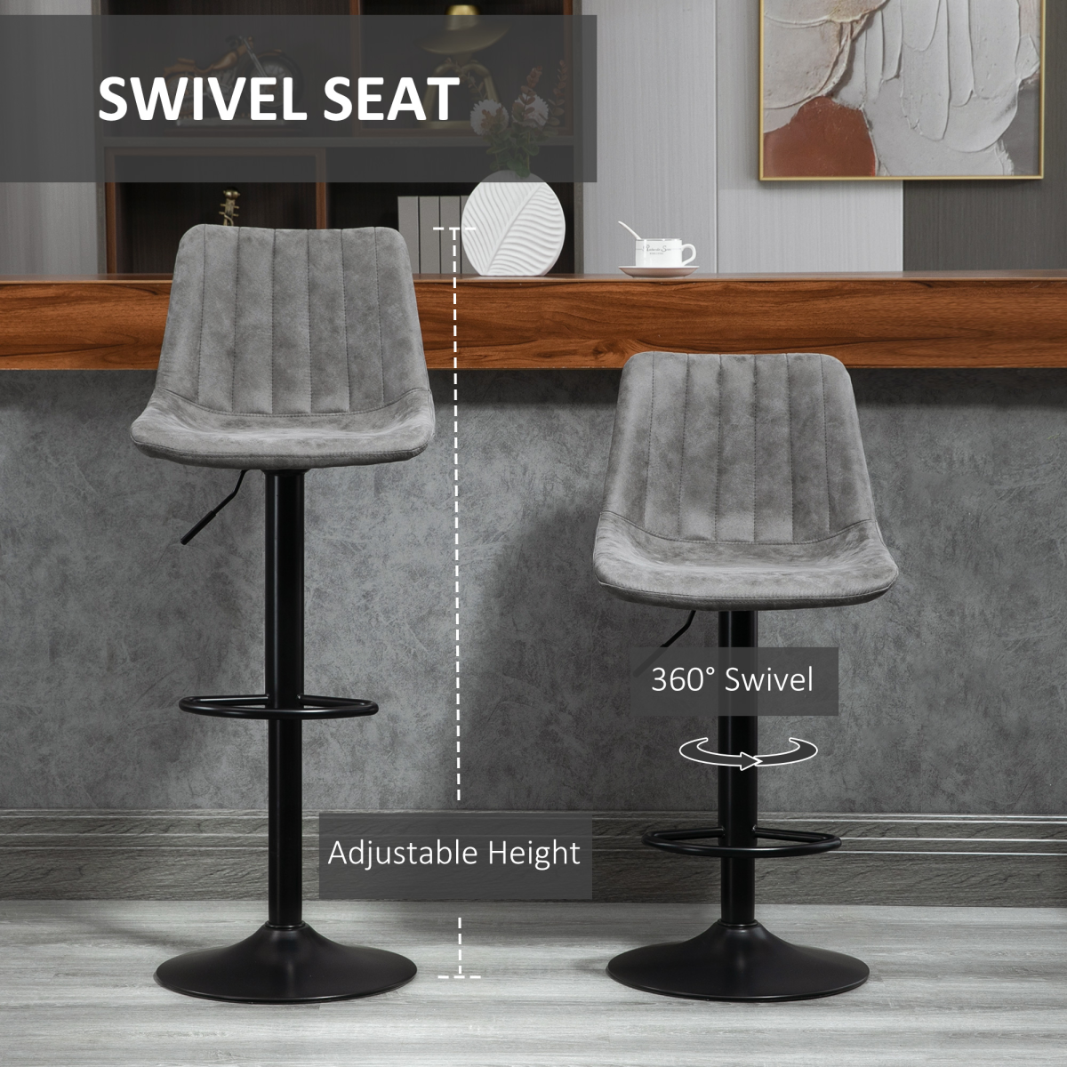 Set Of 2 Microfibre Retro Tub Bar Stools w/ Metal Frame Footrest Home Seat Grey HOMCOM