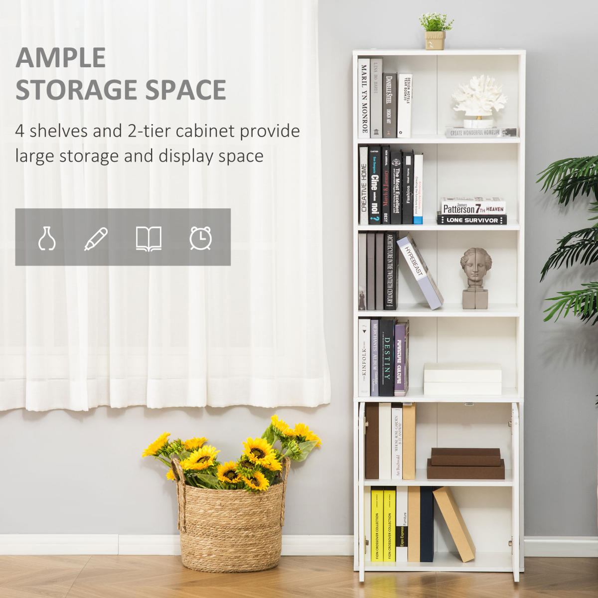 2 Door 4 Shelves Bookcase Wooden Storage Cabinet Display Unit White Unbranded