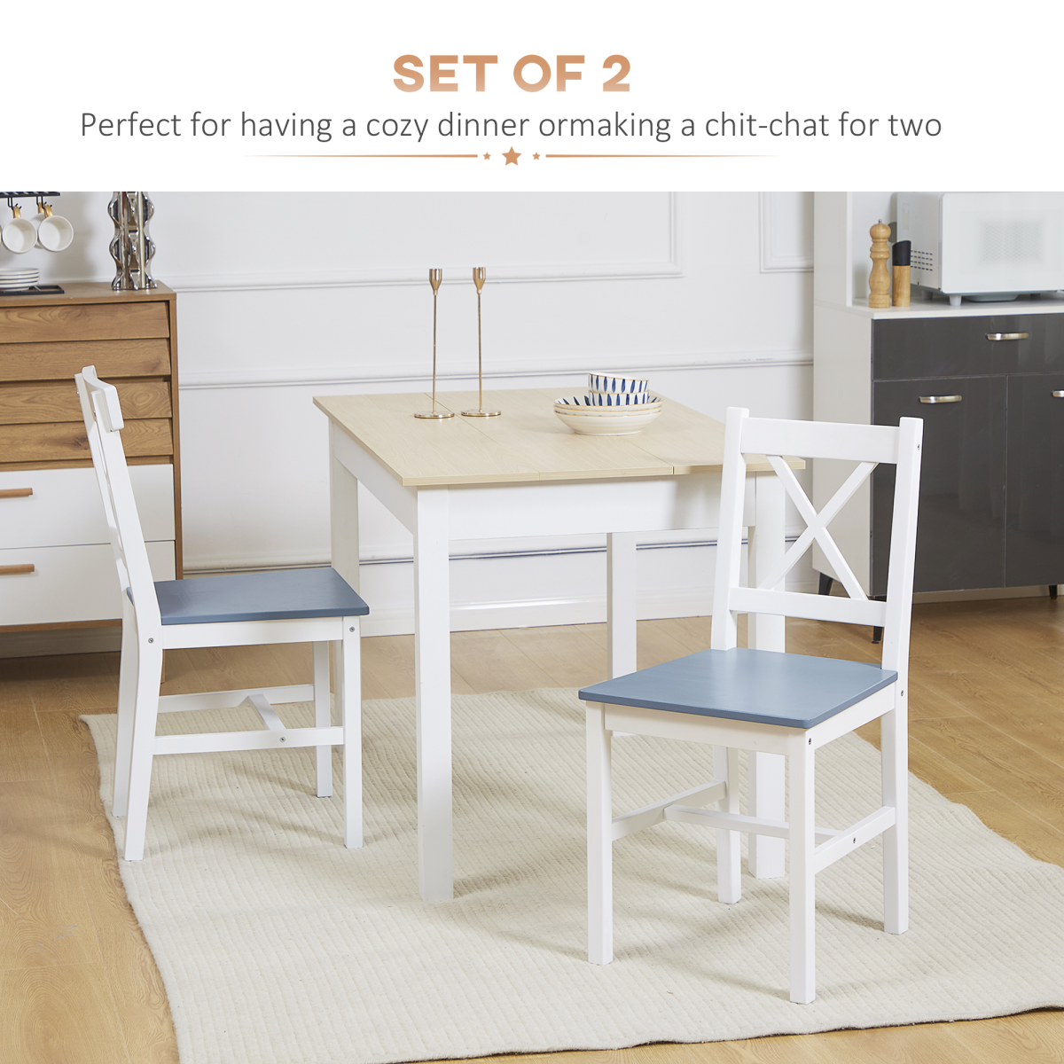 Dining Chairs Set of 2, Pine Wood Frame, Cross Back for Kitchen White HOMCOM