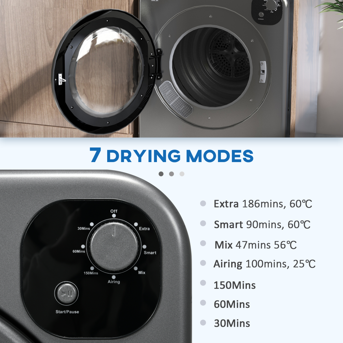 HOMCOM 6kg Vented Tumble Dryer with 7 Dry Programmers for Small Spaces Grey HOMCOM
