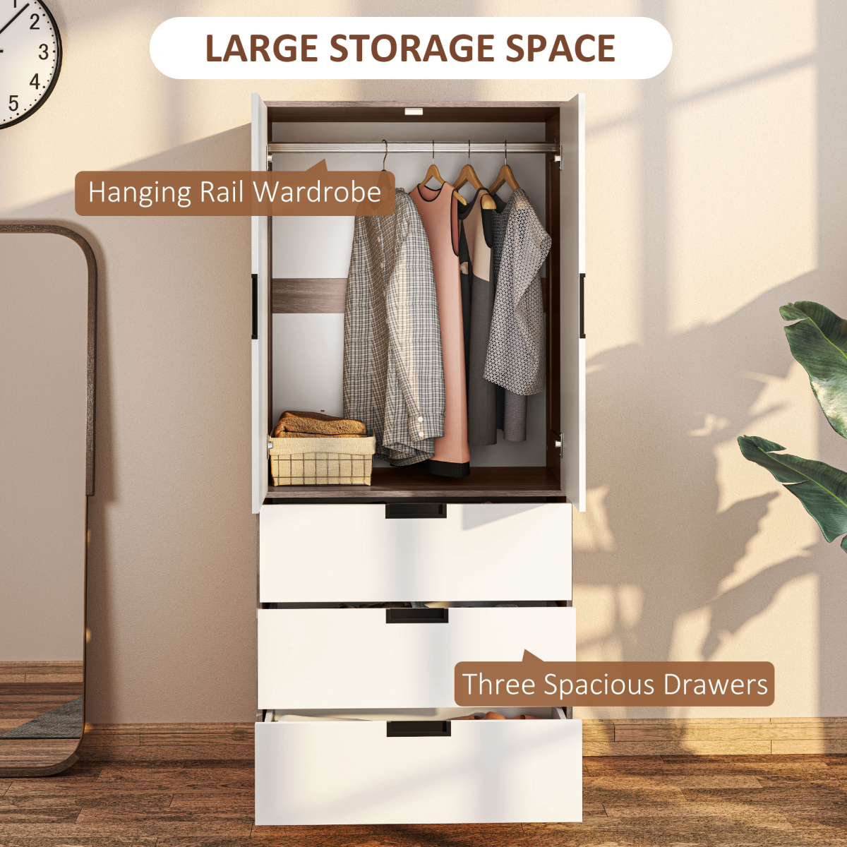 HOMCOM 2 Door Wardrobe Brown Wardrobe with 3 Drawer and Hanging Rod Brown HOMCOM