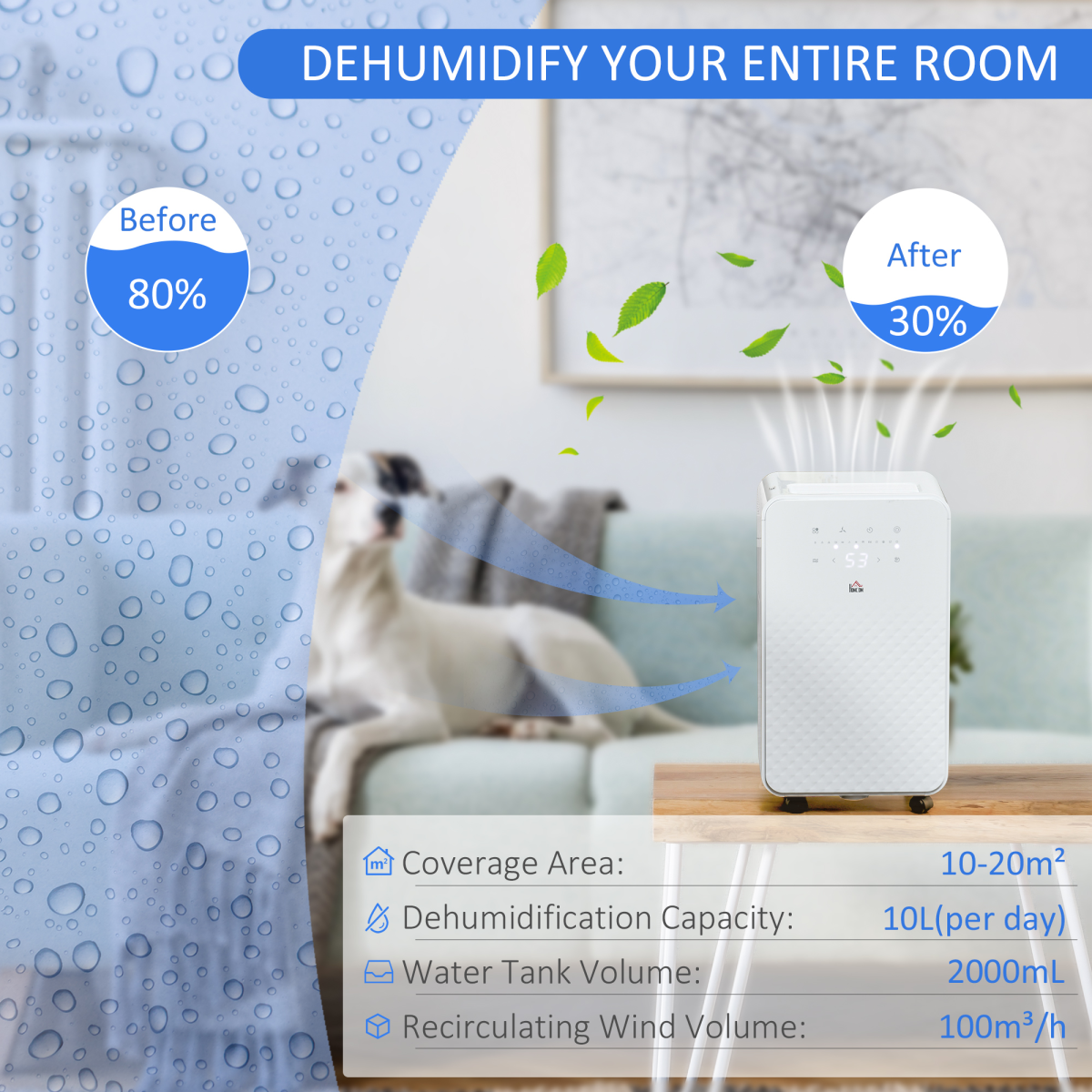 HOMCOM 10L/Day Protable Quiet Air Dehumidifier with Purifier, Timer, 5 Modes HOMCOM