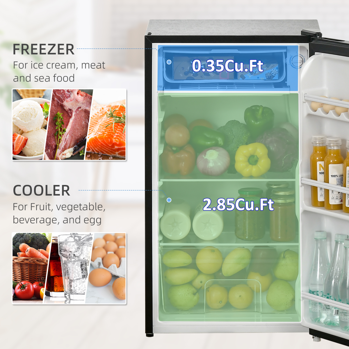 91L Freestanding Under Counter Fridge with Chiller Box Reversible Door Black HOMCOM