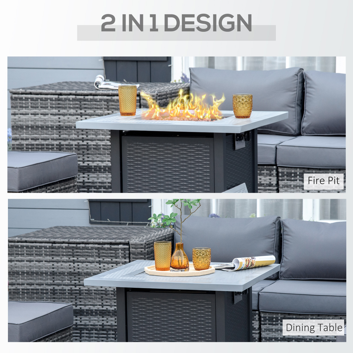 Square Propane Gas Fire Pit Table Rattan Smokeless Heater with Lava Rocks & Lid Outsunny