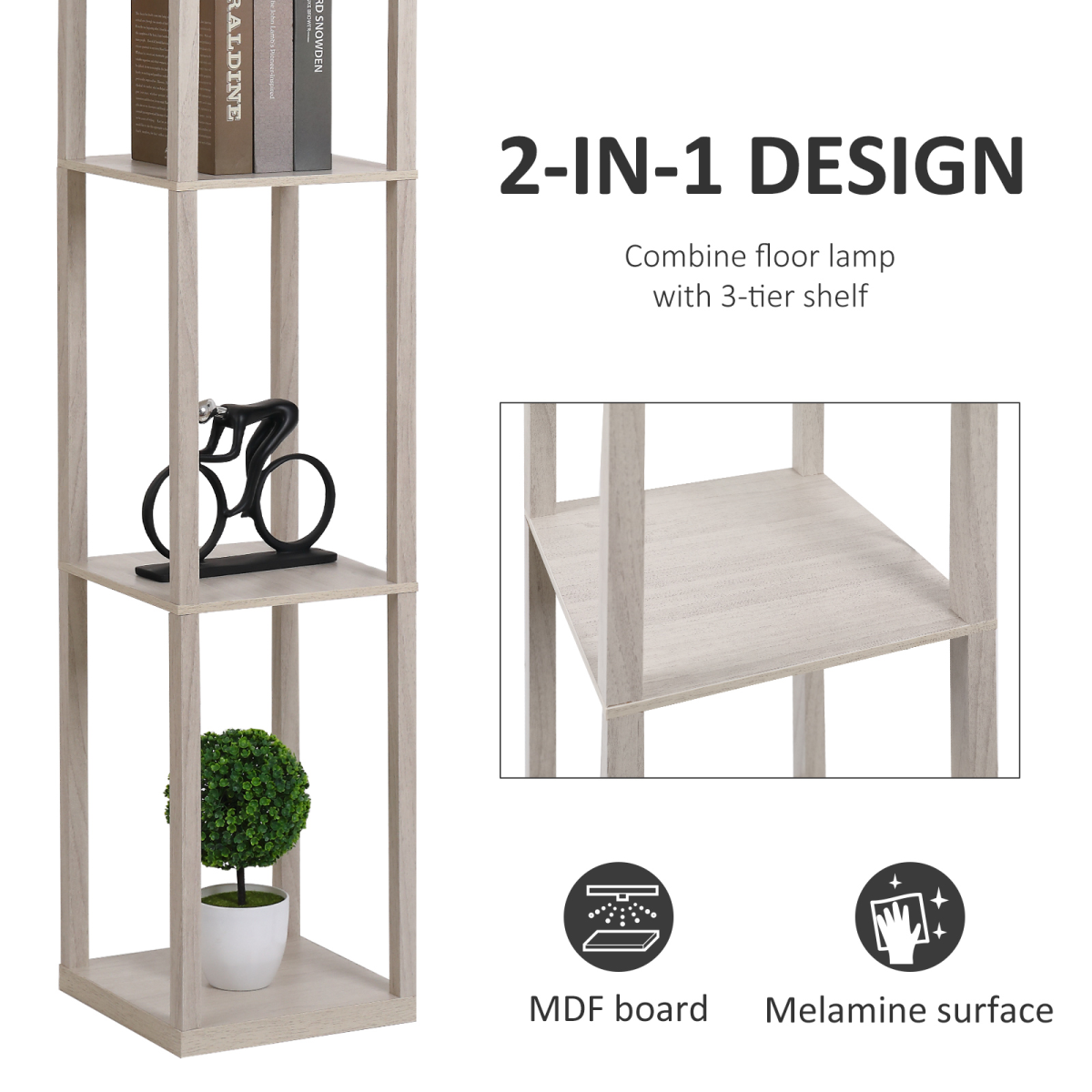 4-Tier Floor Lamp, Floor Light with Storage Shelf White and Oak 3-Tier HOMCOM