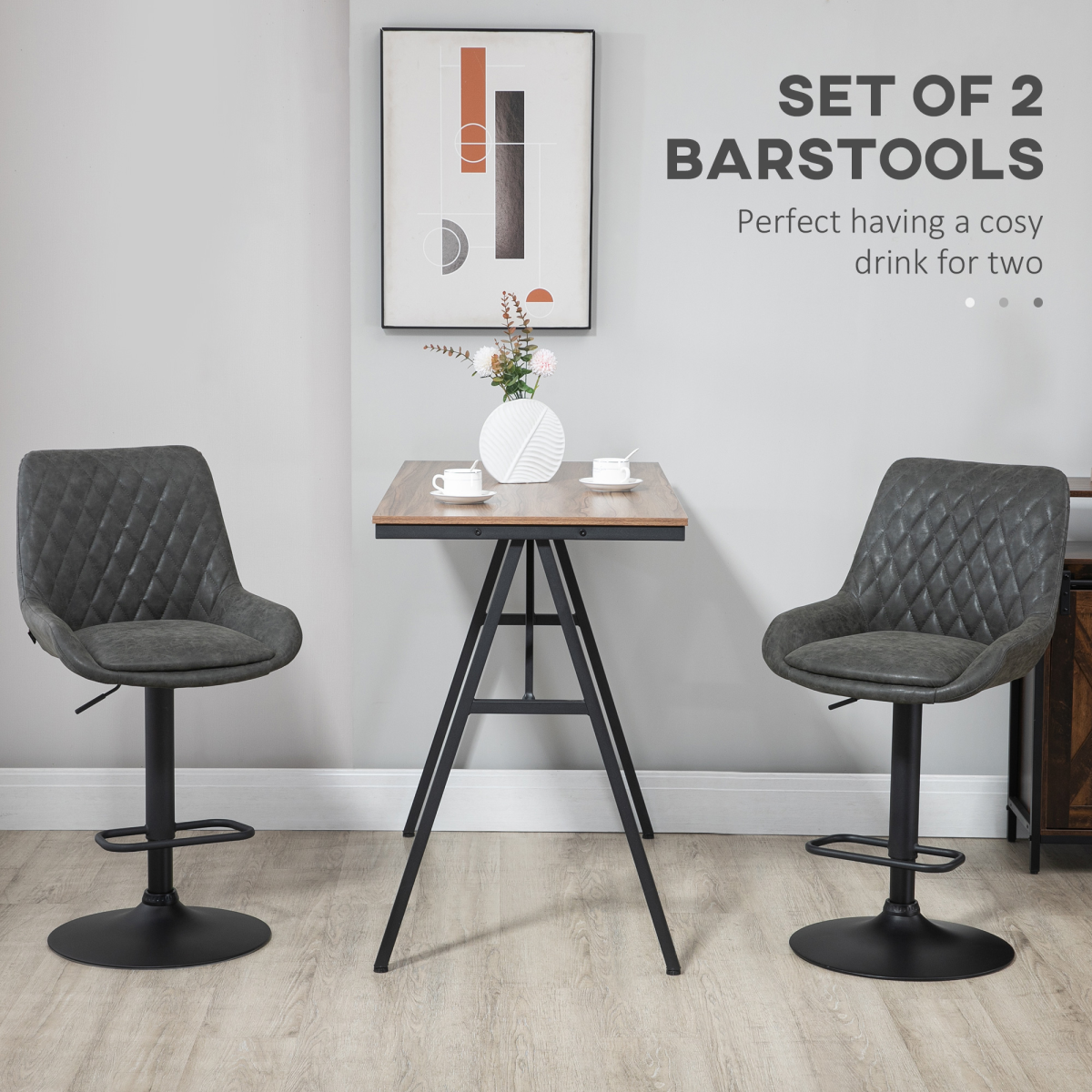 HOMCOM Bar Stools Set of 2, Adjustable Bar Chairs 360° Swivel for Kitchen Grey HOMCOM