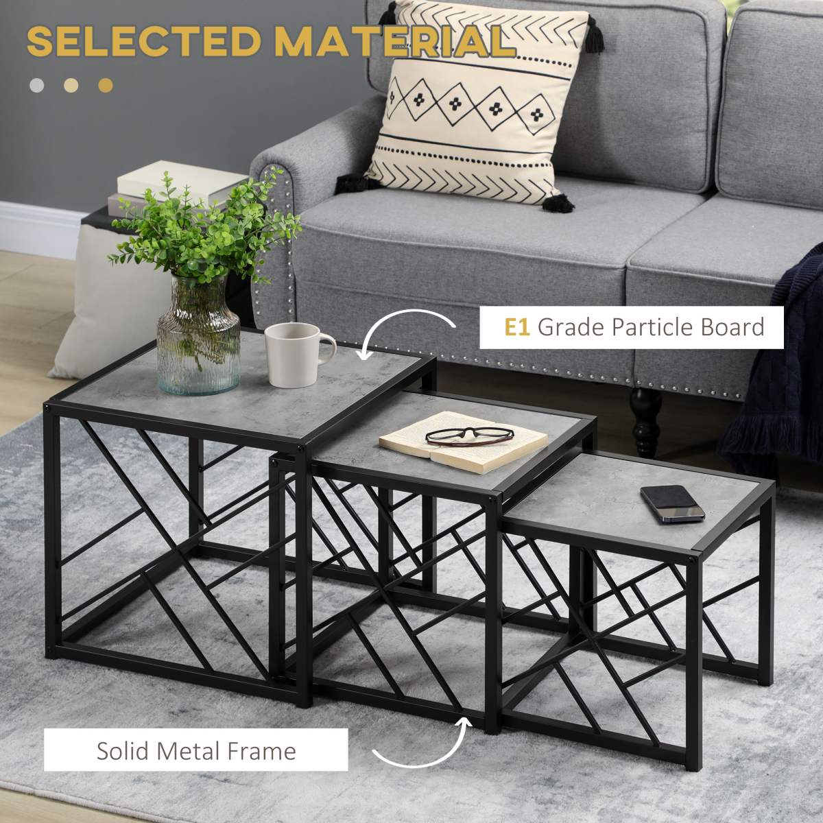 HOMCOM Set of 3 Nesting Coffee Tables Square End Tables w/ Metal Frame, Grey Unbranded