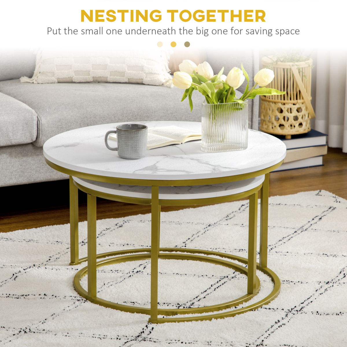 HOMCOM Marble Coffee Table Set of 2, Round Nest of Tables for Living Room HOMCOM