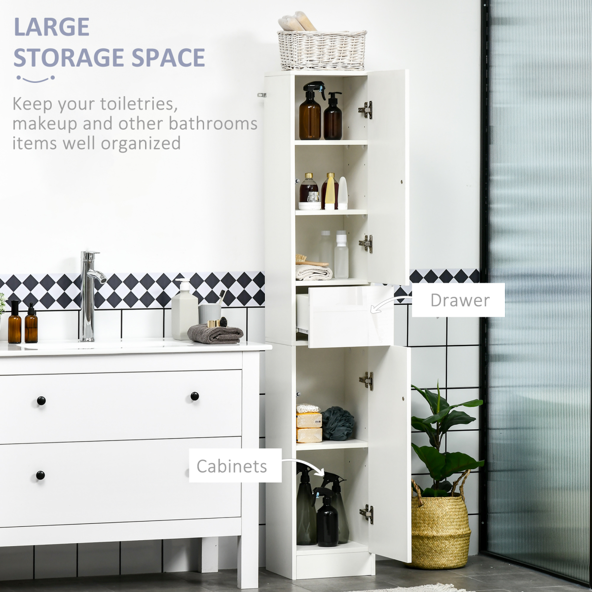 kleankin High Gloss Tall Bathroom Cabinet with Adjustable Shelves White Kleakin
