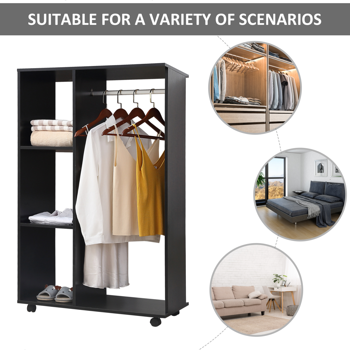 Rolling Open Wardrobe Hanging Rail Storage Shelves for Clothes, Black HOMCOM