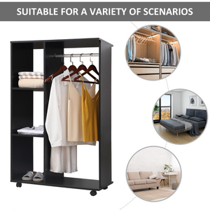 Rolling Open Wardrobe Hanging Rail Storage Shelves for Clothes, Black HOMCOM
