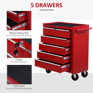 HOMCOM Tool Trolley with 5 Drawers Steel Tool Chest on Wheels with Handle Red HOMCOM