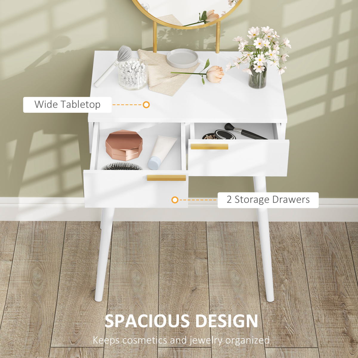 HOMCOM Modern Dressing Table w/ 2 Drawers Round Mirror for Bedroom White HOMCOM
