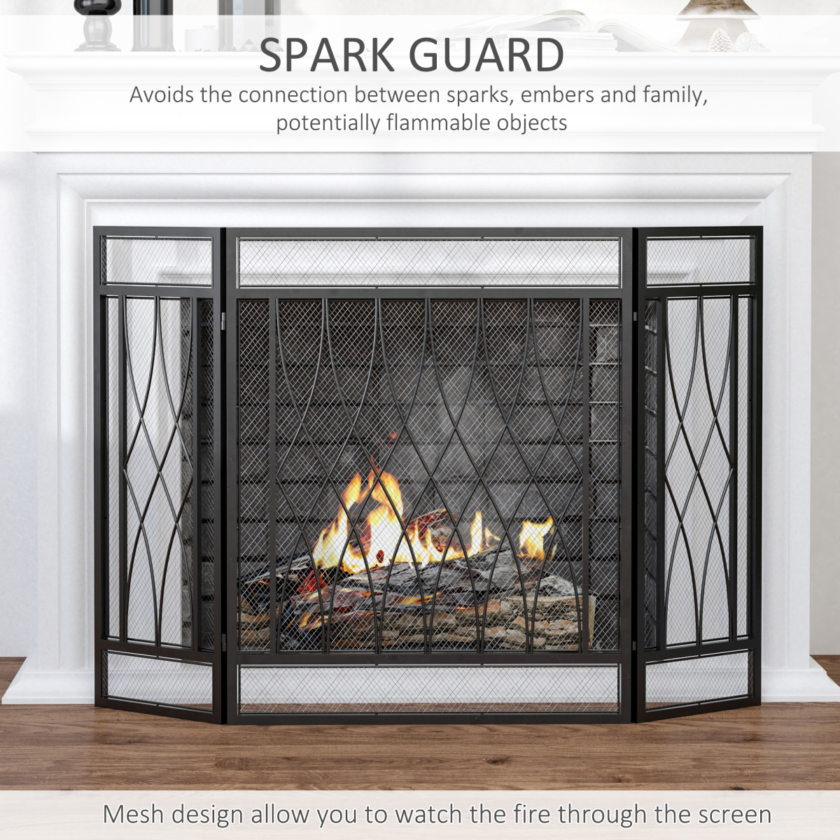 3-Panel Folding Fireplace Screen Metal Mesh Fire Spark Guard Black HOMCOM
