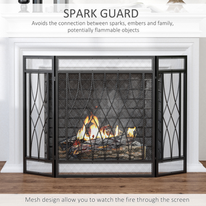3-Panel Folding Fireplace Screen Metal Mesh Fire Spark Guard Black HOMCOM