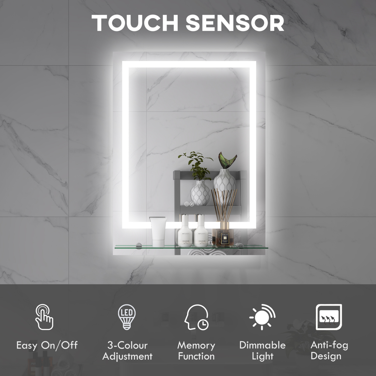 kleankin Dimmable Bathroom Mirror with LED Lights, 3 Colours, Defogging Film kleankin
