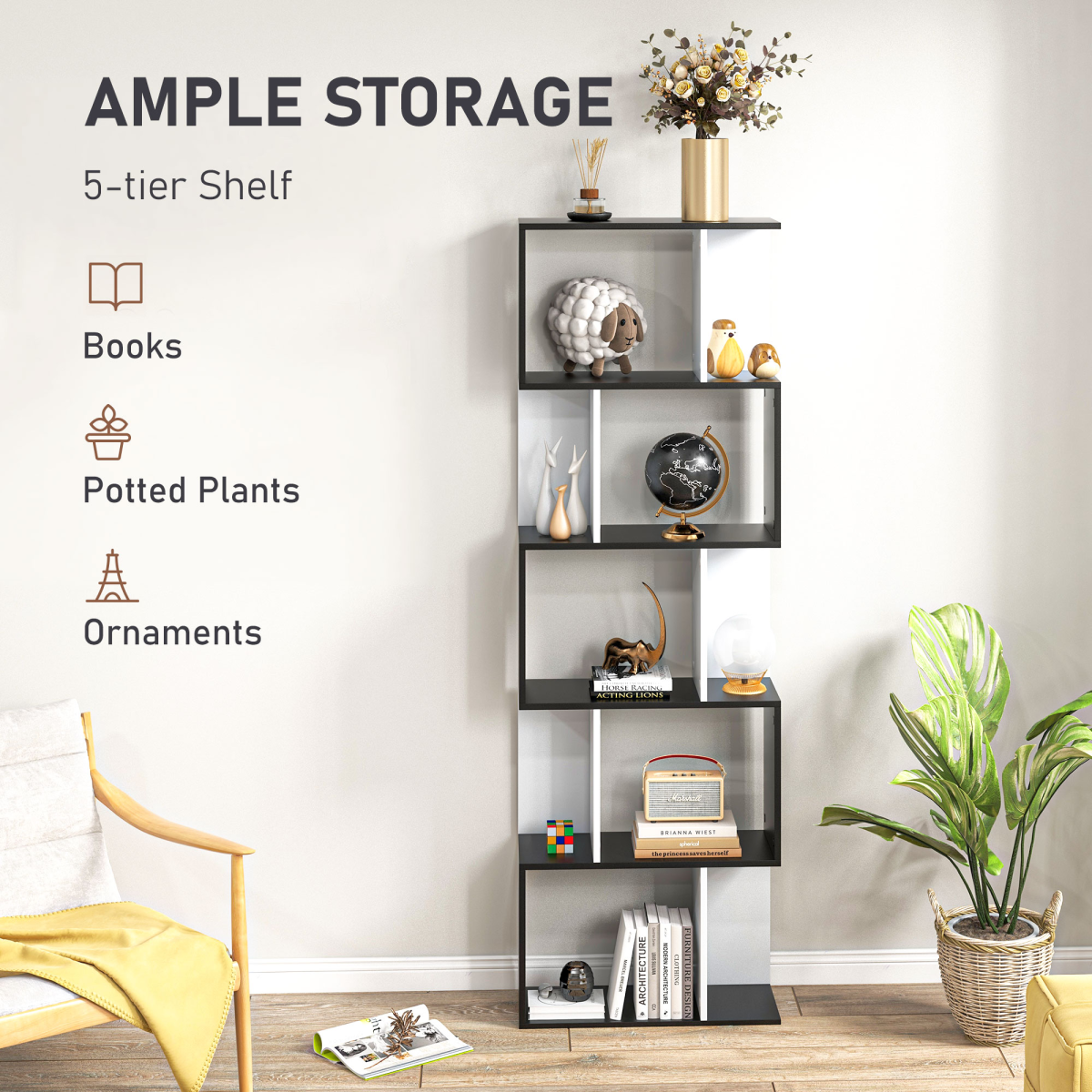 5-tier Bookcase Storage Display Shelving S Shape design Unit Divider Black HOMCOM