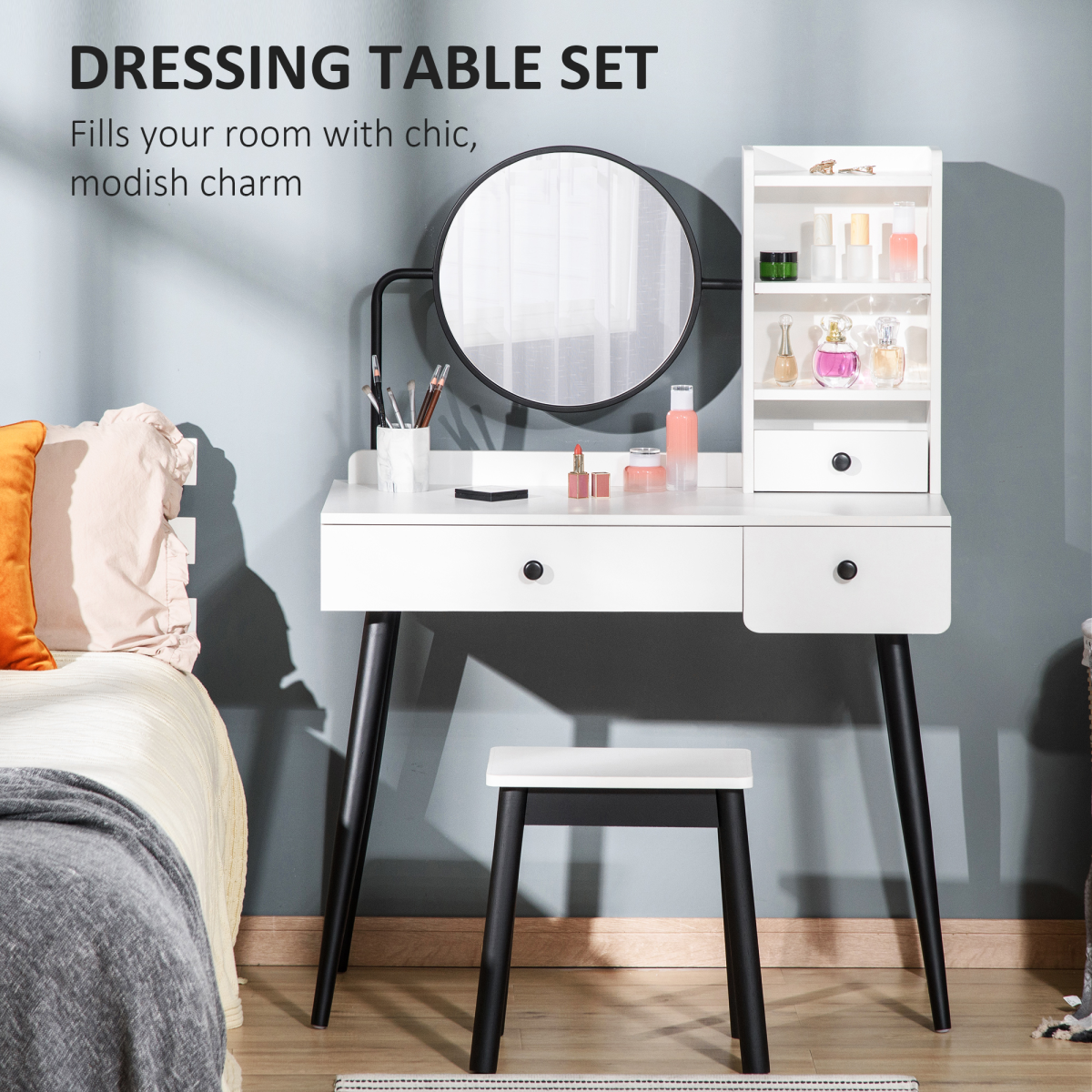 Dressing Table Set with 3 Drawers, Storage shelves and Stool, White Unbranded