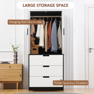 2 Door Wardrobe Modern Wardrobe with 3 Drawer and Hanging Rod for Bedroom White HOMCOM