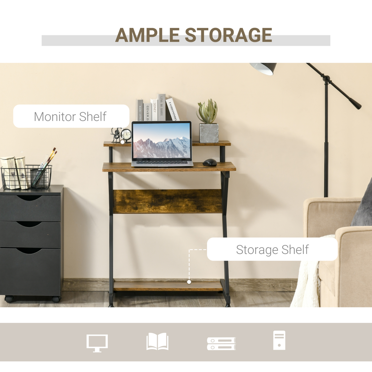 Computer Desk with Monitor Shelf and Storage, R Shaped Brown HOMCOM