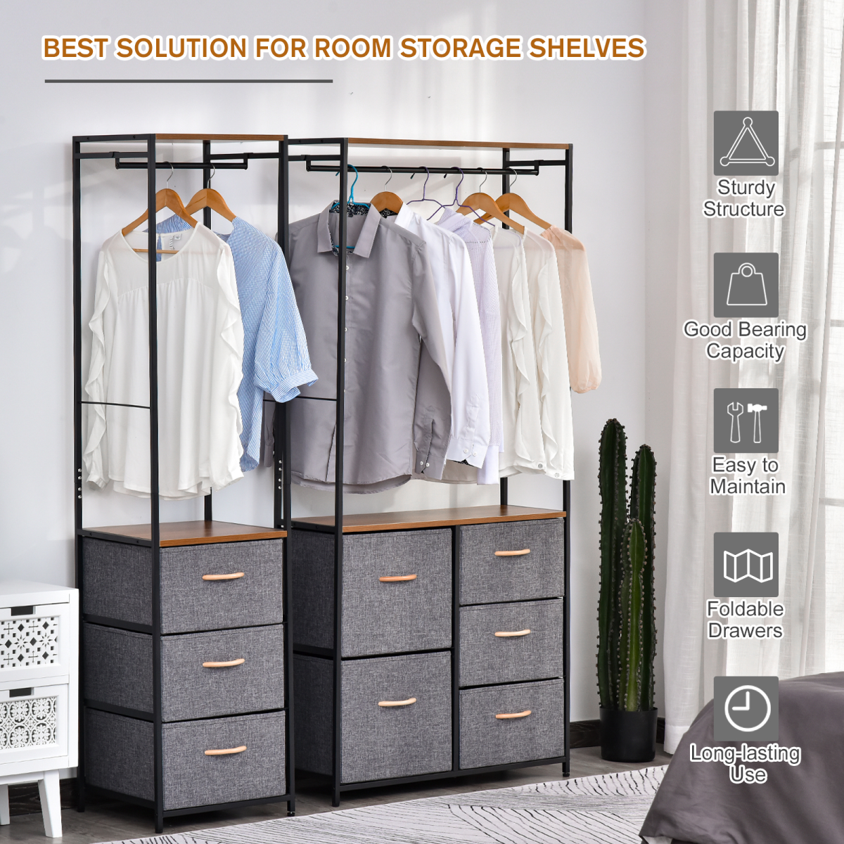 175x83cm Freestanding Clothes Hanger Storage Unit SteelBlack Brown Coat Rack HOMCOM