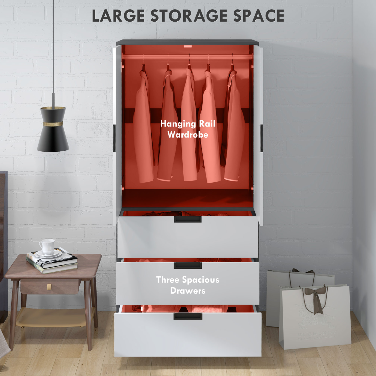 HOMCOM 2 Door Wardrobe Grey Wardrobe with 3 Drawer and Hanging Rod for Bedroom HOMCOM