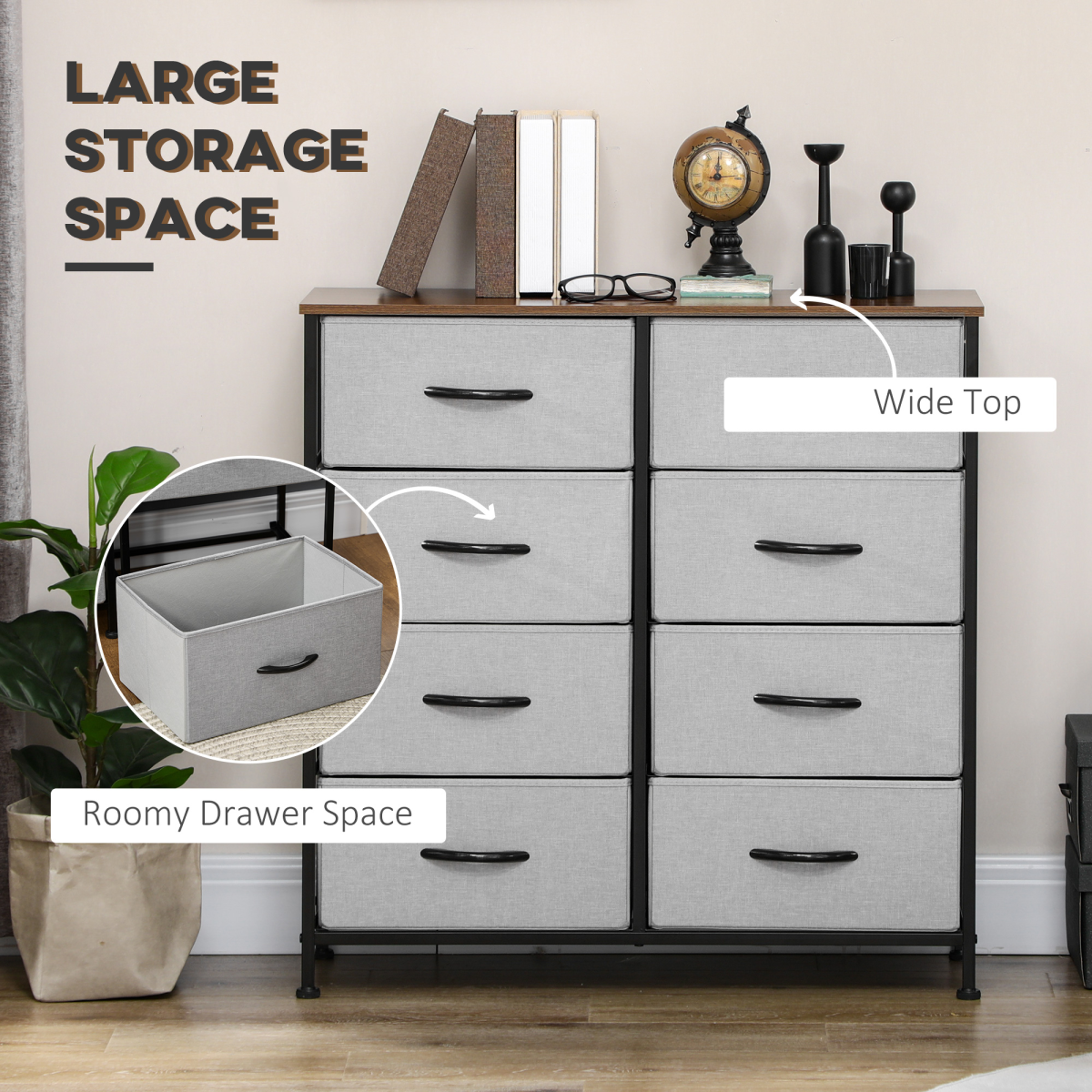 HOMCOM 8 Drawer Fabric Chest of Drawers w/ Wooden Top for Closet Hallway Grey HOMCOM