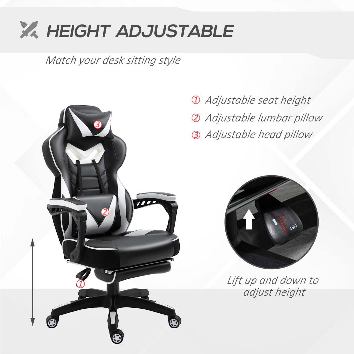 Gaming Chair Ergonomic Reclining w/ Manual Footrest Wheels Stylish Office White Unbranded