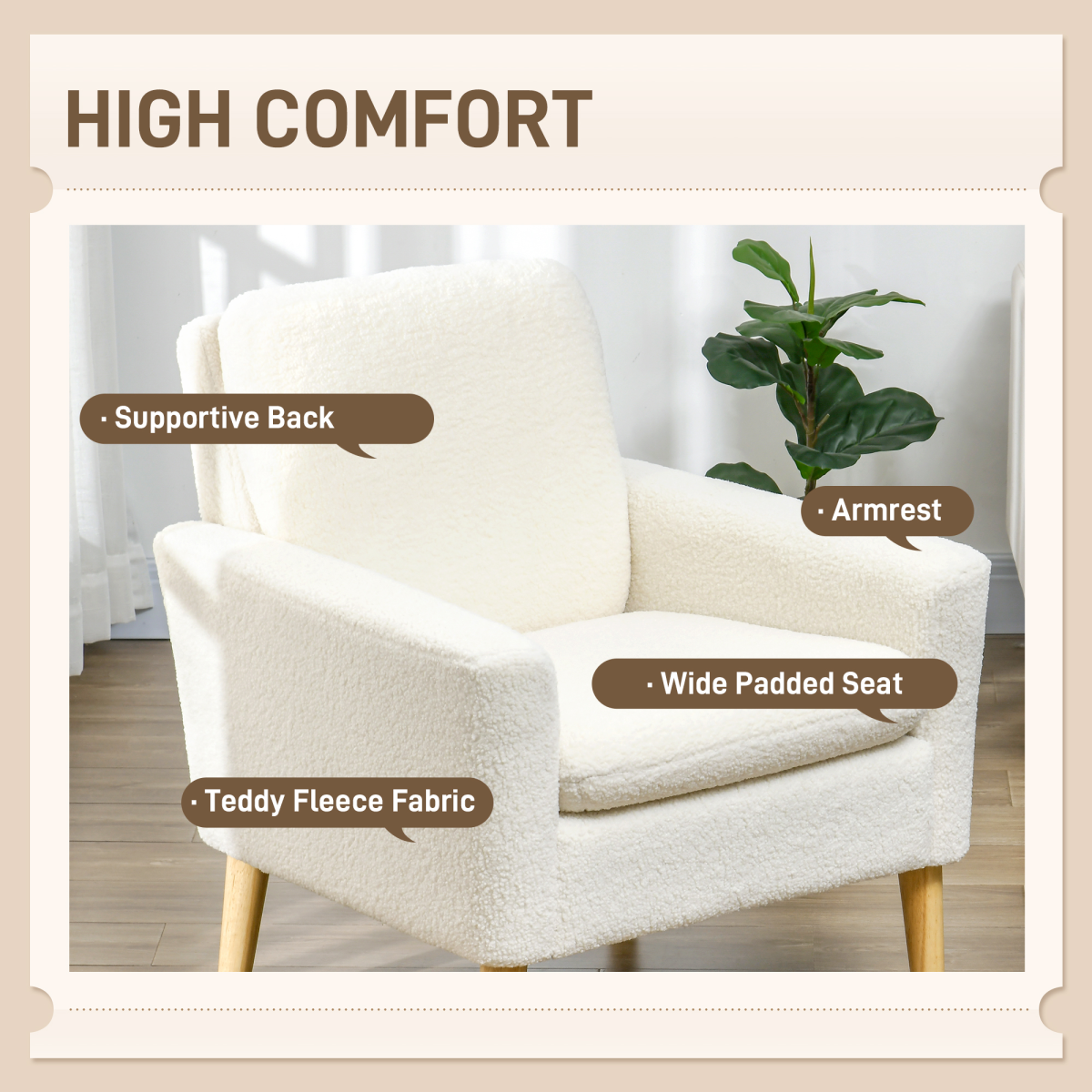 HOMCOM Modern Accent Chair with Wood Legs, Wide Seat, Teddy Armchair, Cream HOMCOM