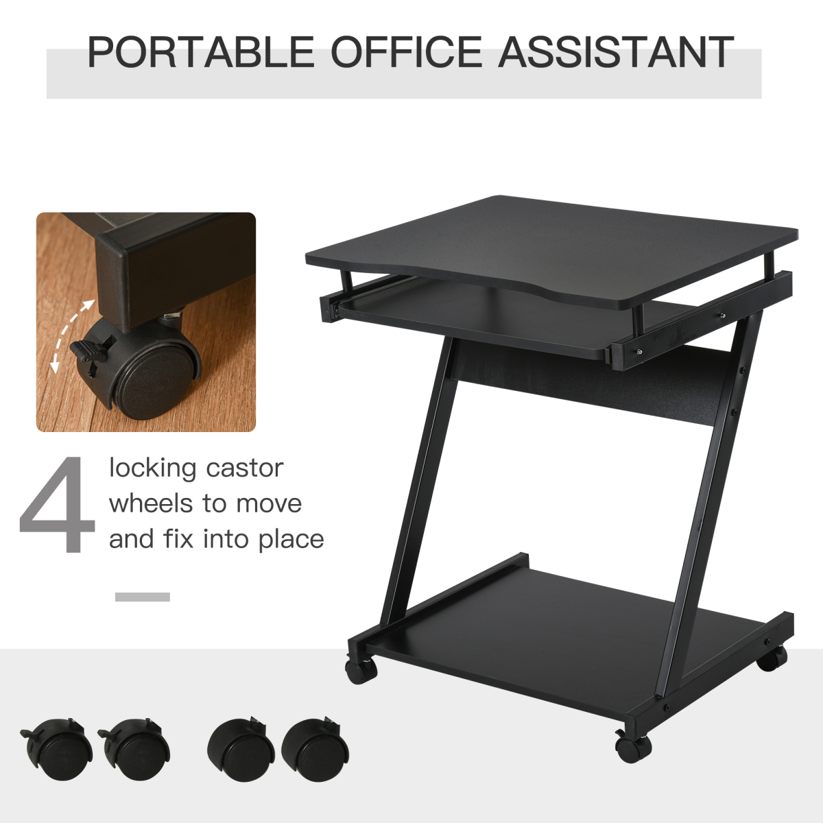 Movable Computer Desk with 4 Moving Wheels Sliding Keyboard Tray Black Unbranded