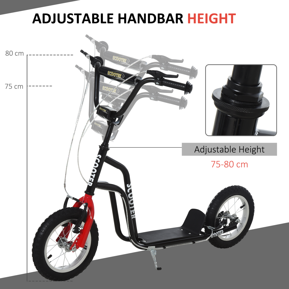 HOMCOM 75-80cm Kids Kick Scooter Adjustable Handlebar Inflatable Wheels Black Unbranded