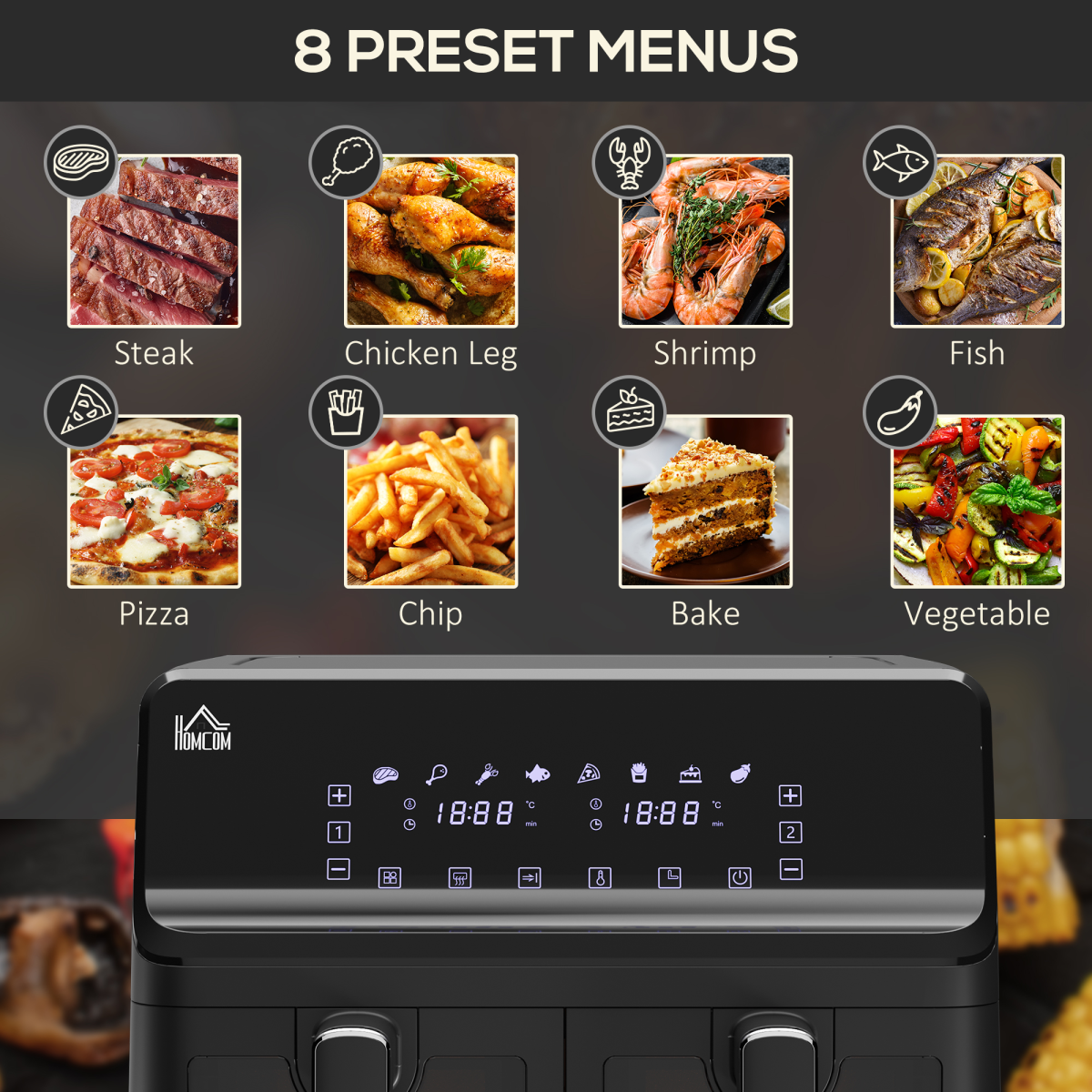 Dual Air Fryer 8L Family Size w/ 2 Basket 8 Presets Cookbook Timer 2500W HOMCOM