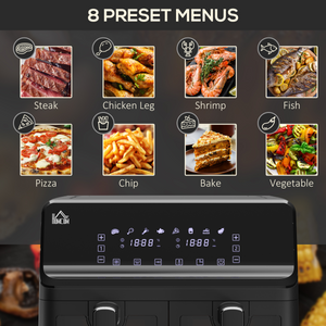 Dual Air Fryer 8L Family Size w/ 2 Basket 8 Presets Cookbook Timer 2500W HOMCOM