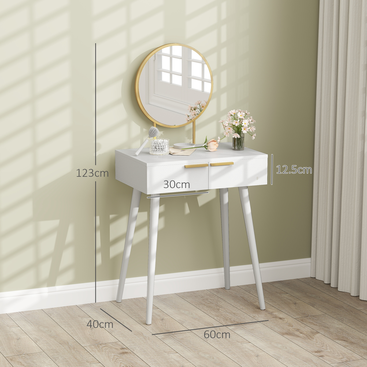 HOMCOM Modern Dressing Table w/ 2 Drawers Round Mirror for Bedroom White HOMCOM