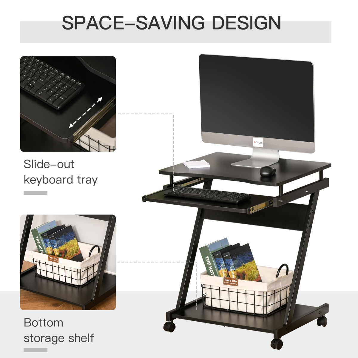 Movable Computer Desk with 4 Moving Wheels Sliding Keyboard Tray Black Unbranded