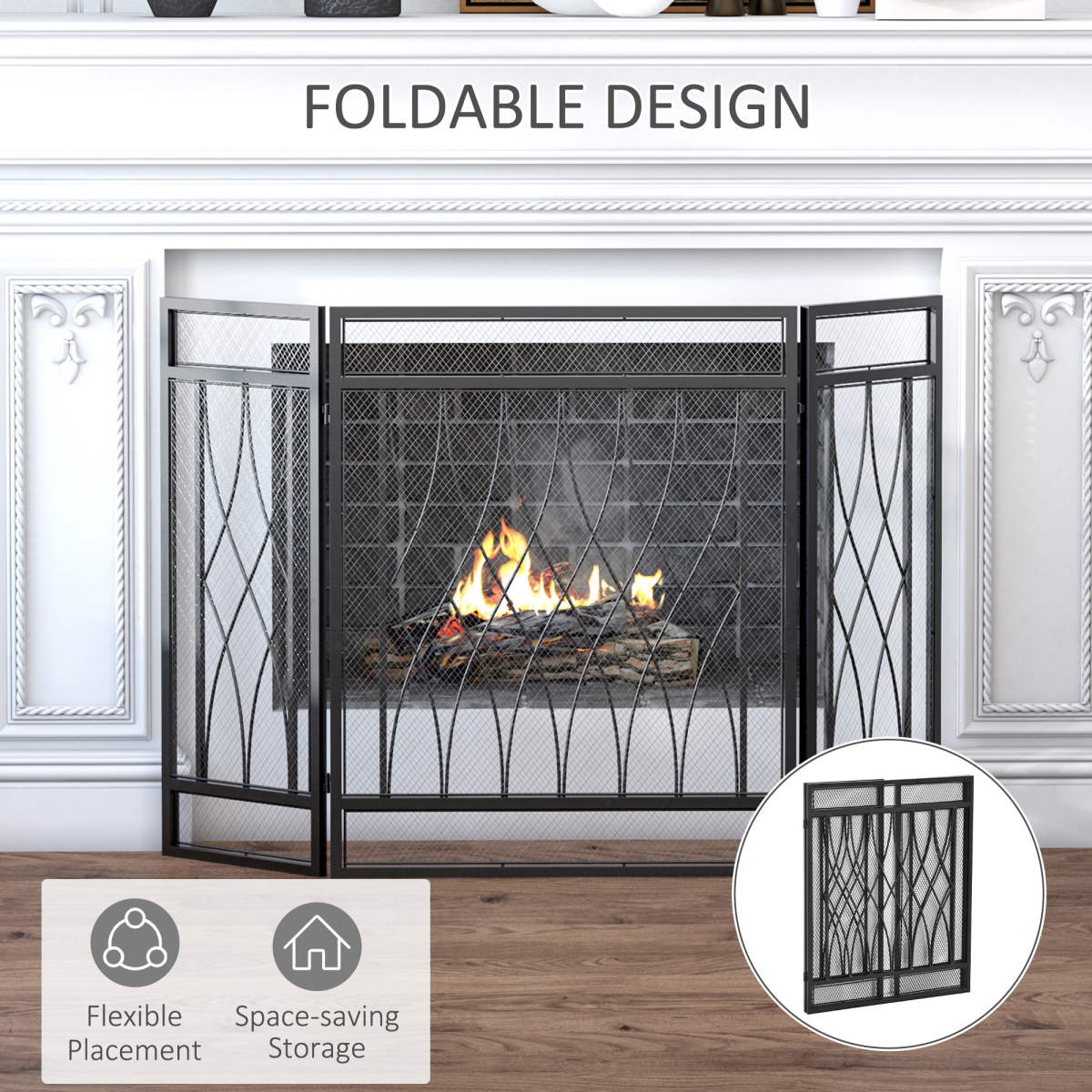 3-Panel Folding Fireplace Screen Metal Mesh Fire Spark Guard Black HOMCOM