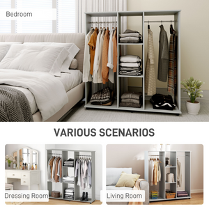 HOMCOM Mobile Double Open Wardrobe w/ Clothes Hanging Rail Clothing Grey HOMCOM