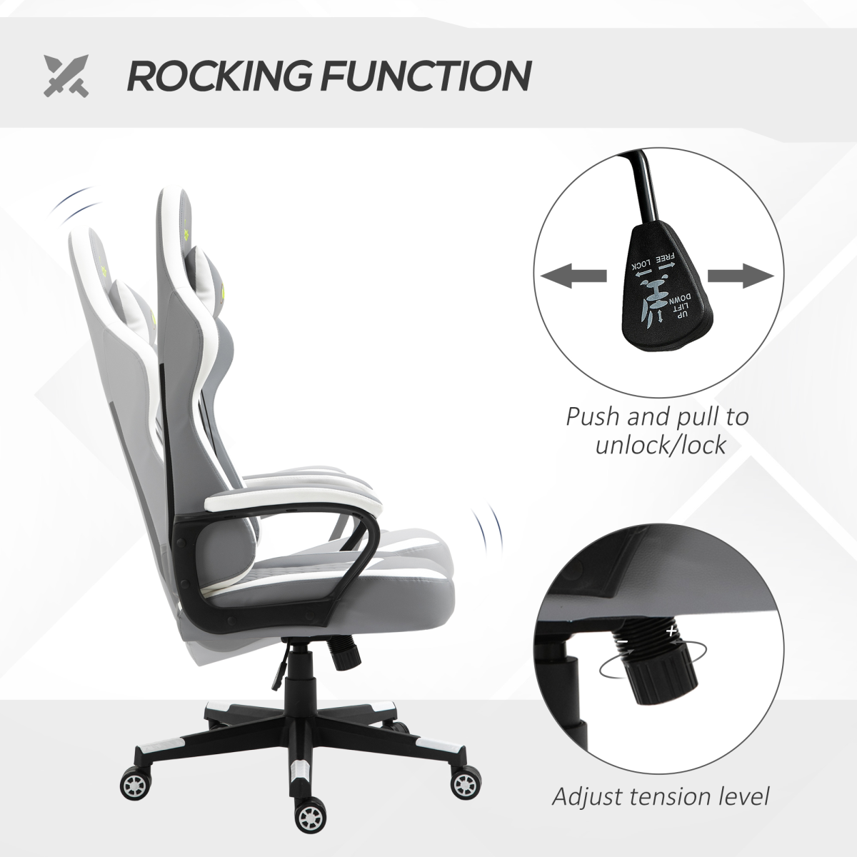 Racing Gaming Chair w/ Lumbar Support, Headrest, Gamer Office Chair, Grey White Unbranded