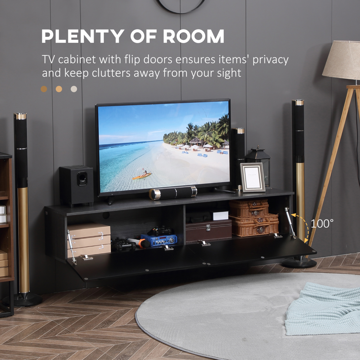 Floating TV Unit Stand, Wall Mount Media Console with Storage Cupboards Unbranded