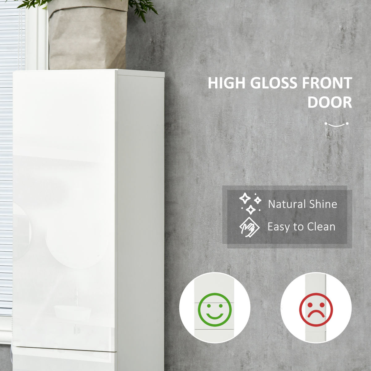 kleankin High Gloss Tall Bathroom Cabinet with Adjustable Shelves White Kleakin