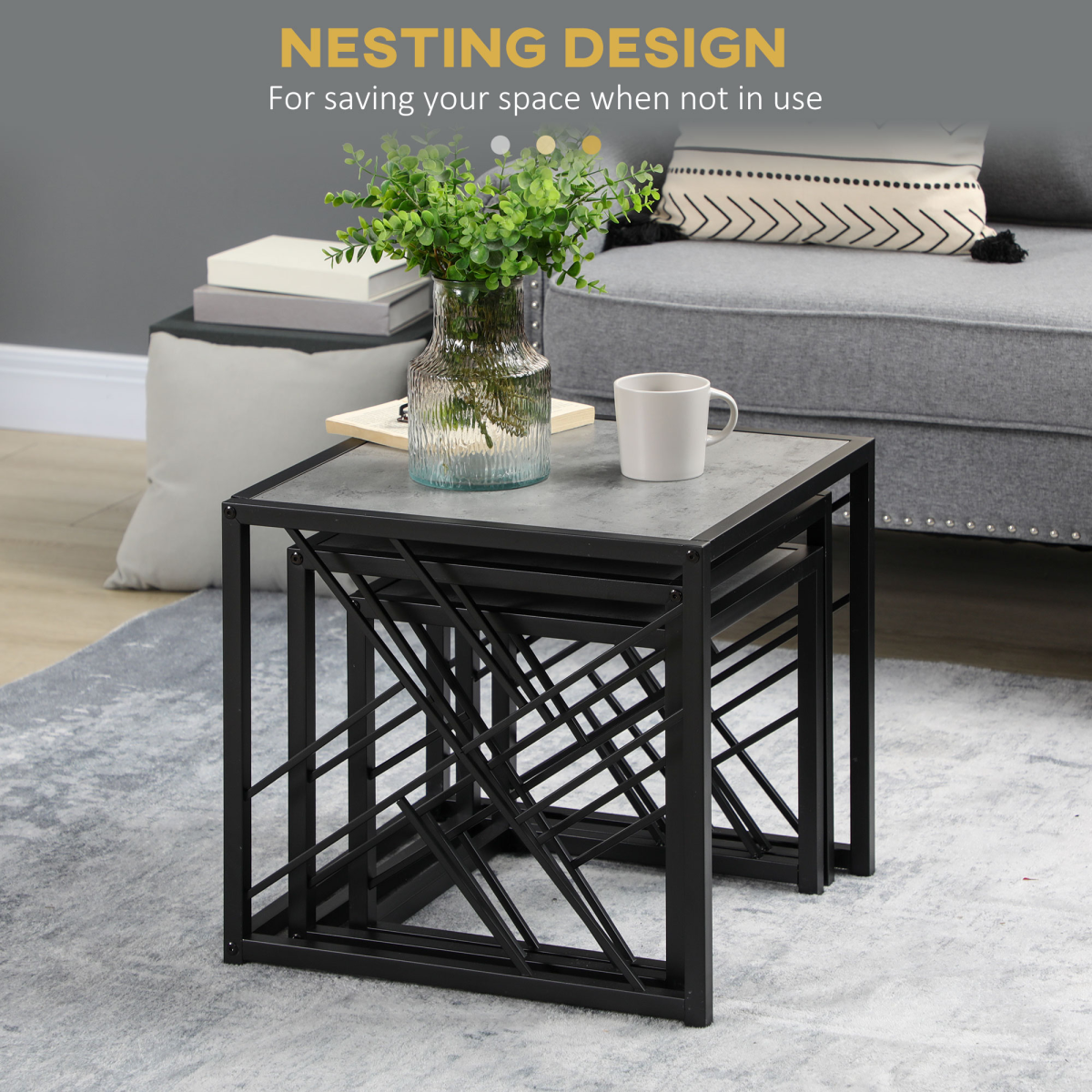HOMCOM Set of 3 Nesting Coffee Tables Square End Tables w/ Metal Frame, Grey Unbranded