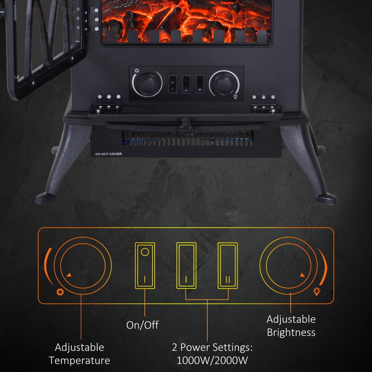1850W Flame Effect Electric Free Standing Fireplace Fan Log Burning Stove -Black HOMCOM