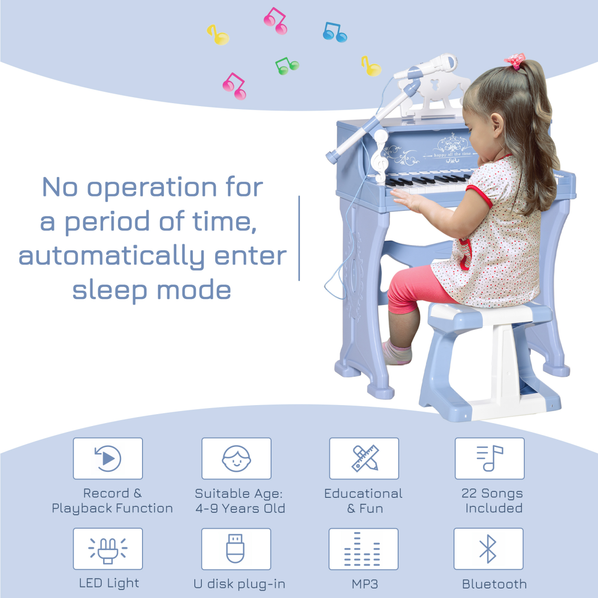 HOMCOM 37 Key Keyboard Battery Piano Kids Microphone Stool Educational Game HOMCOM