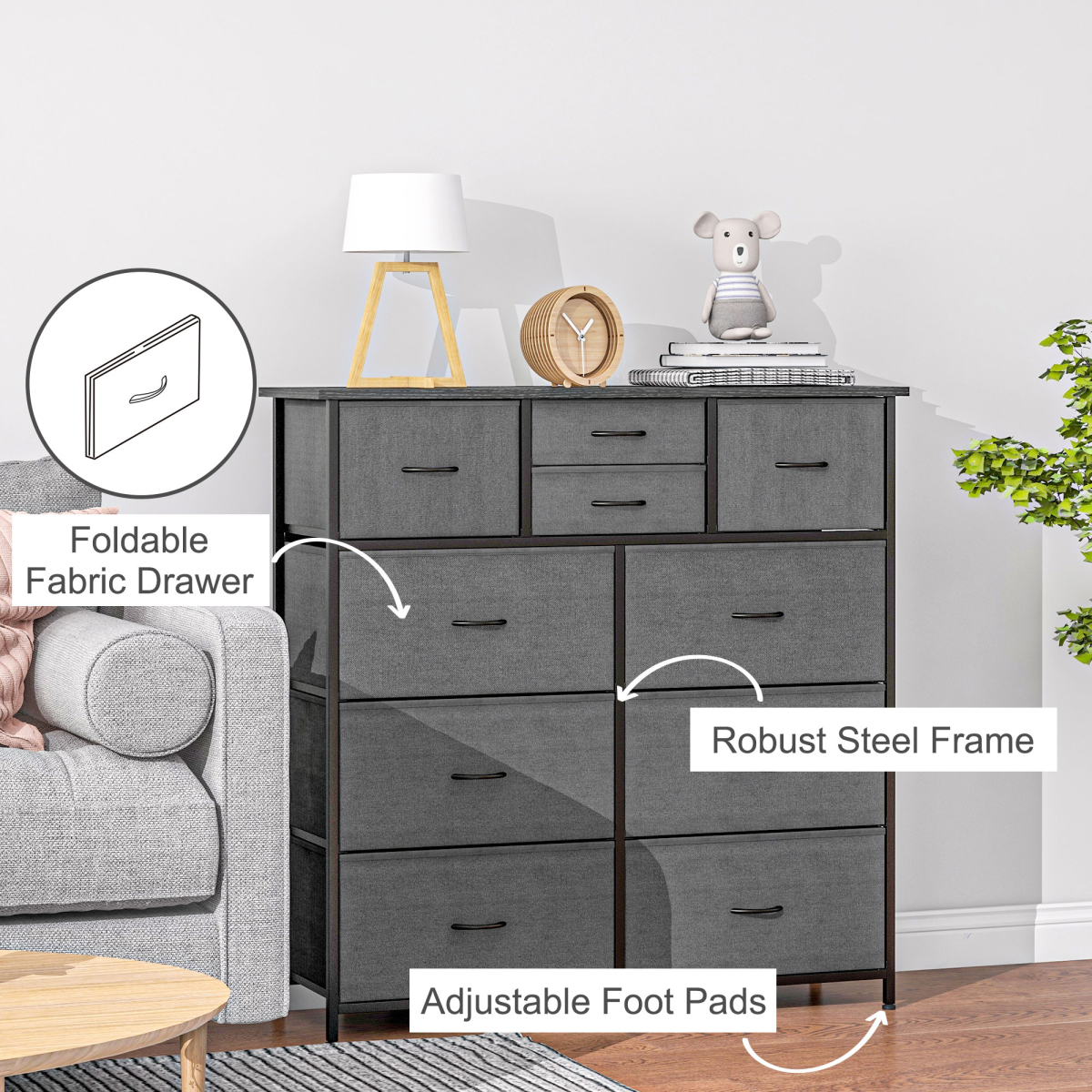 HOMCOM Bedroom Chest of Drawers Fabric Dresser w/ Foldable Drawers Black HOMCOM