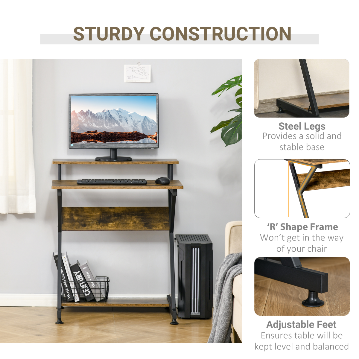 Computer Desk with Monitor Shelf and Storage, R Shaped Brown HOMCOM