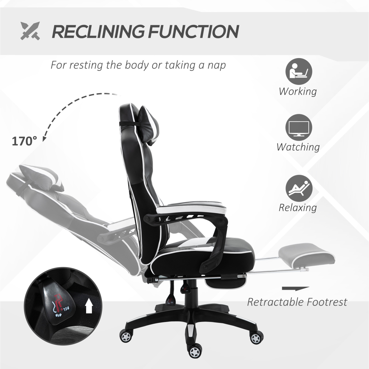 Gaming Chair Ergonomic Reclining w/ Manual Footrest Wheels Stylish Office White Unbranded