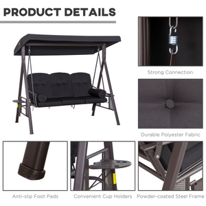 Outsunny 3 Seater Garden Swing Chair Patio Swing Bench w/ Cup Trays Black Outsunny