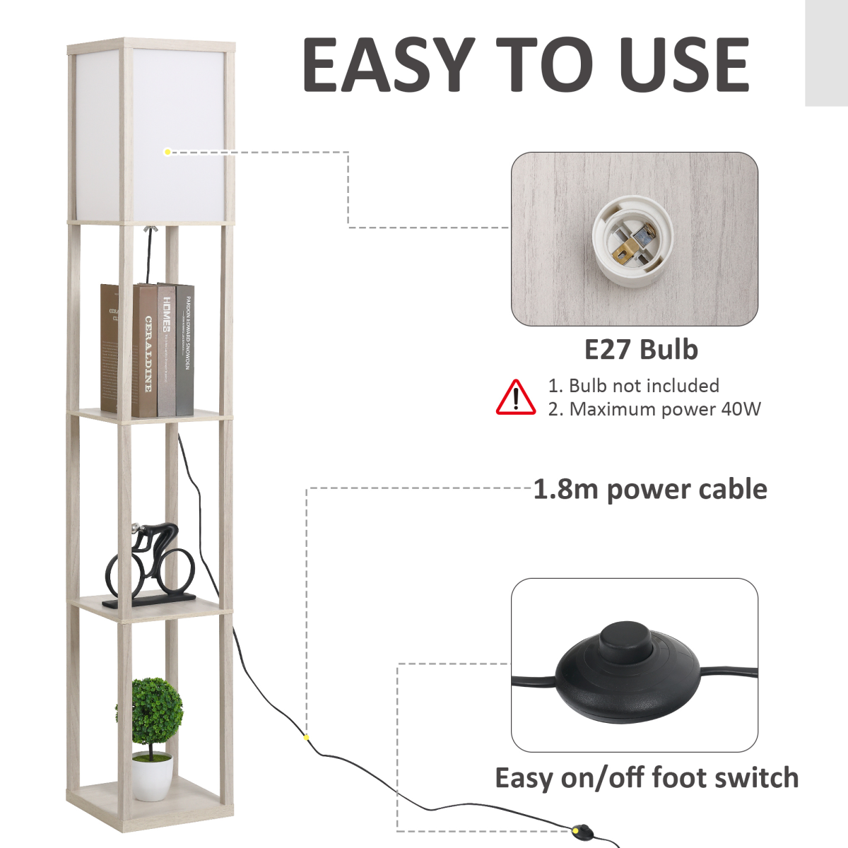 4-Tier Floor Lamp, Floor Light with Storage Shelf White and Oak 3-Tier HOMCOM